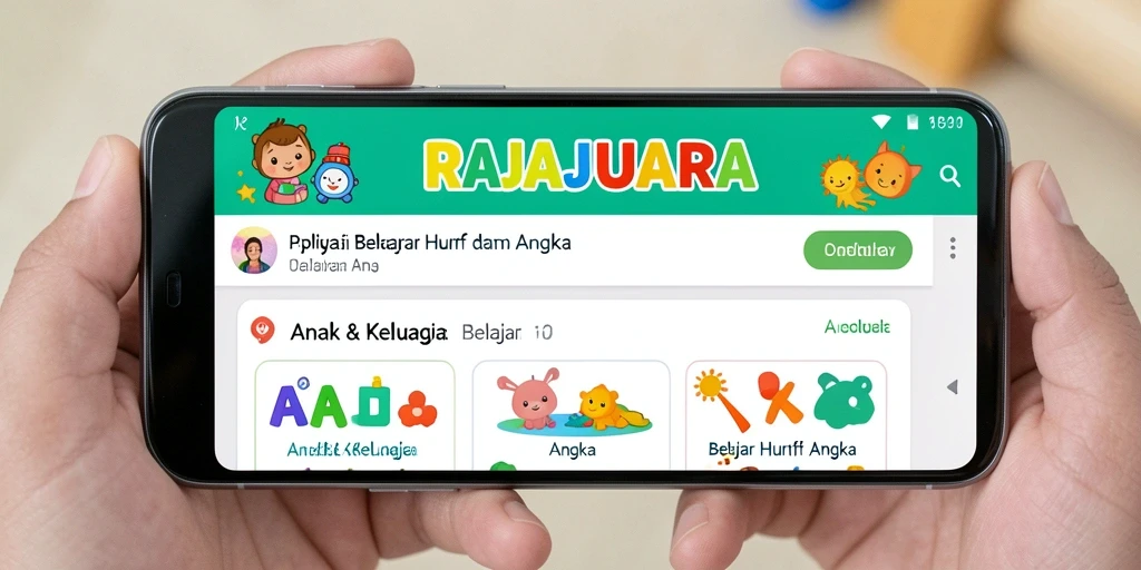 Antarmuka aplikasi RAJAJUARA yang menarik untuk belajar huruf dan angka.